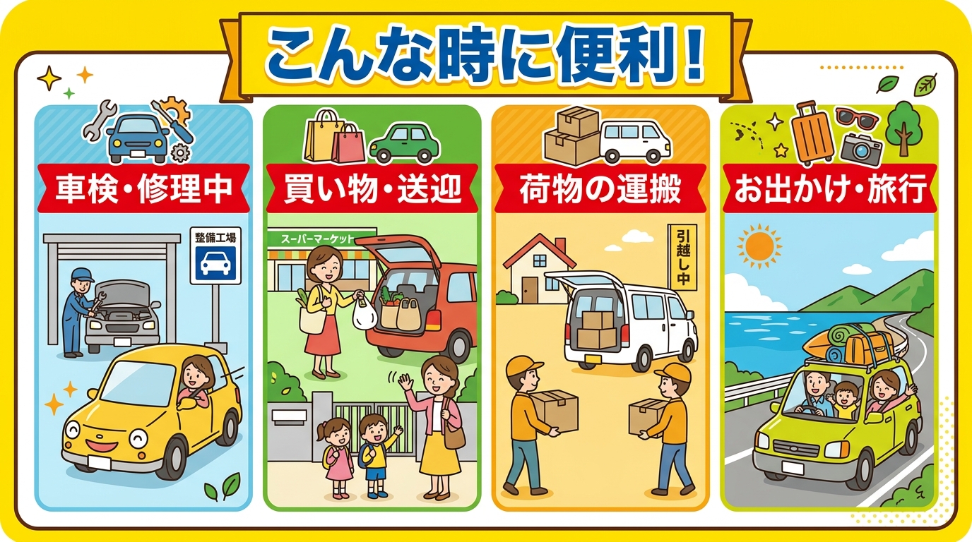 車検や買い物 荷物運搬 お出かけに便利なレンタカー利用シーン
