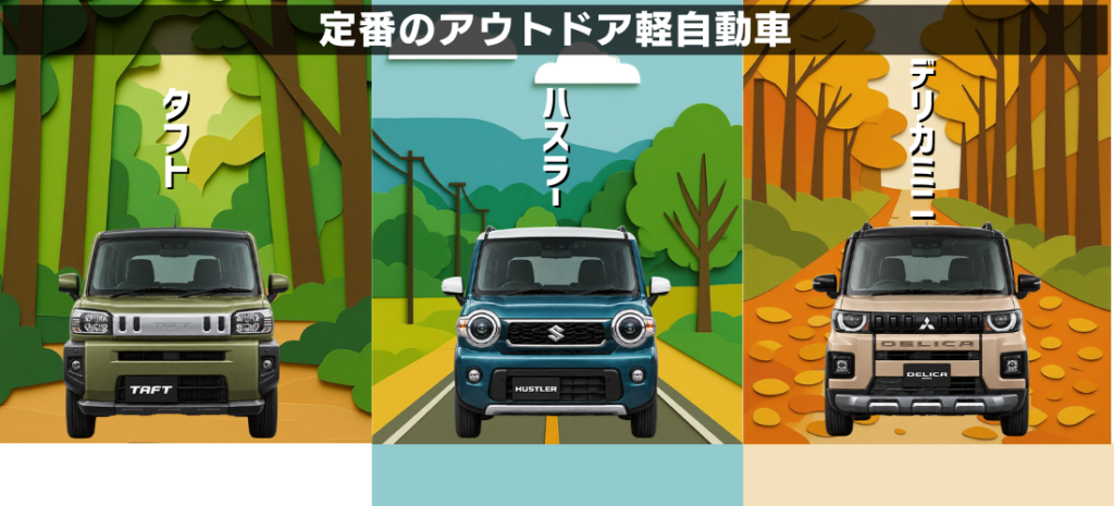 ハスラー タフト デリカミニを比較できるアウトドア軽自動車ブース